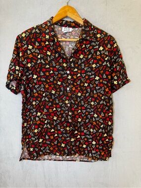 Clio Petites Silk Blouse PL Black Abstract Print Button Up Vintage 90s